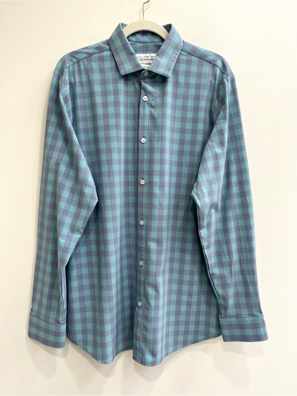 Mizzen+Main Leeward XL Trim Fit Performance Dress Shirt Blue Green Gingham